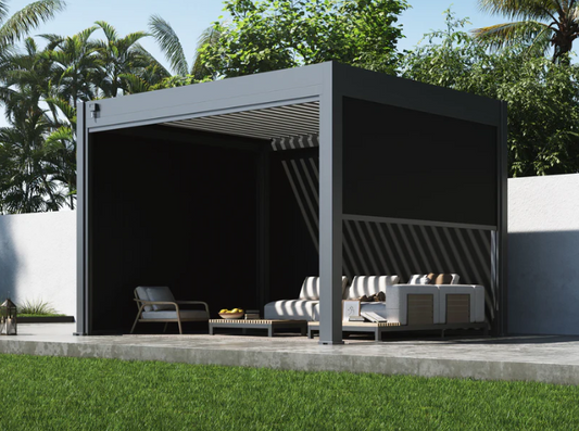 Paragon Outdoor Lugano Louvered Pergola with Wind Screens (Example)